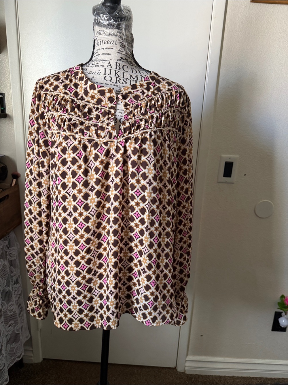LOFT Brown Cream and Pink Geometric Print Blouse